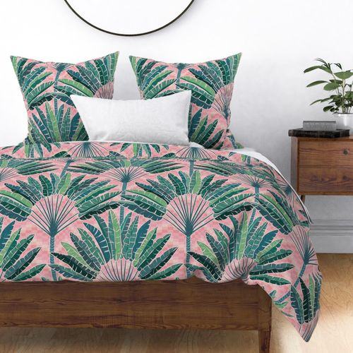 Mod Travellers Palms - Palm Springs - green on geometric pink wave grid - jumbo 