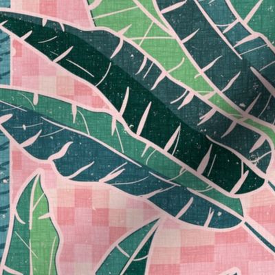 Mod Travellers Palms - Palm Springs - green on geometric pink wave grid - jumbo 
