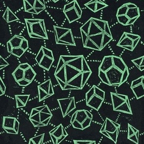 Woodblock Dice - Black and Green - medium scale - dnd, dungeons and dragons