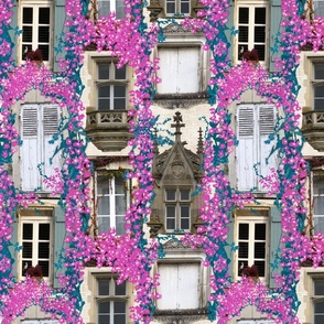 French windows collage with handdrawn bougainvillea 12” repeat