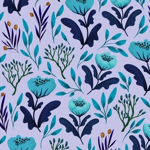 Medium // Blue Poppies and Branches on Lilac