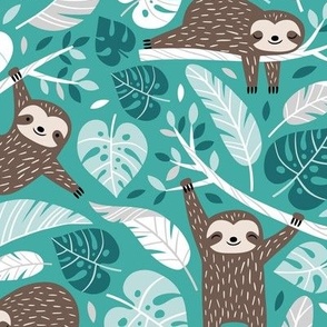 Medium Scale / Lazy Sloths / Teal Background