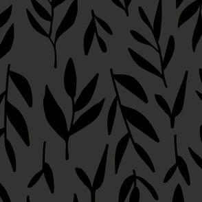 Hand drawn minimalist plants | Large Scale | Charcoal Grey, Rich Black | Multidirectional tone on tone botanical