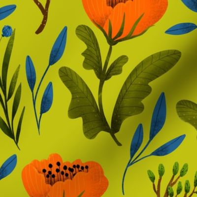 Medium // Red and Orange Poppies and Branches on Chartreuse