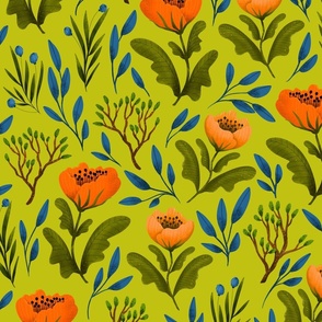 Medium // Red and Orange Poppies and Branches on Chartreuse