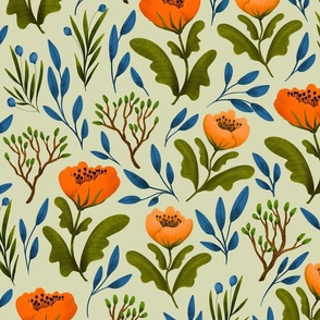 Medium // Red and Orange Poppies and Branches on Light Green