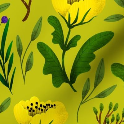 Medium // Yellow Poppies and Branches on Chartreuse 