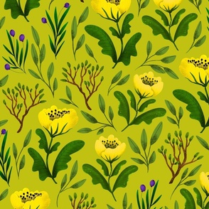 Medium // Yellow Poppies and Branches on Chartreuse 