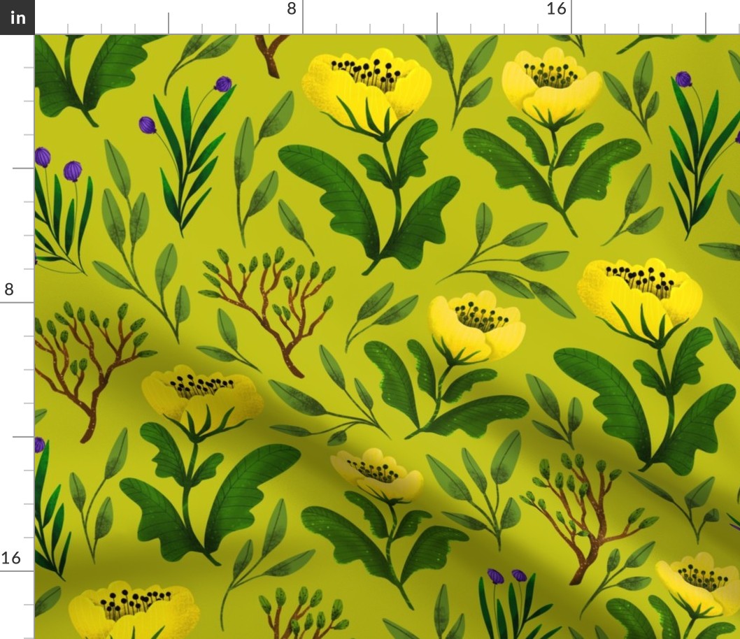 Medium // Yellow Poppies and Branches on Chartreuse 