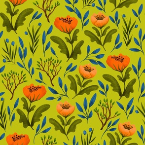 Large // Red and Orange Poppies and Branches on Chartreuse