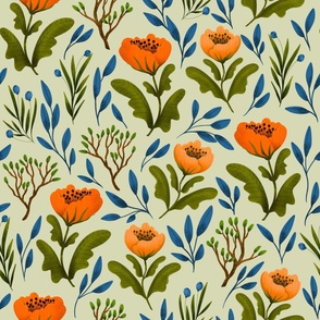 Large // Red and Orange Poppies and Branches on Light Green