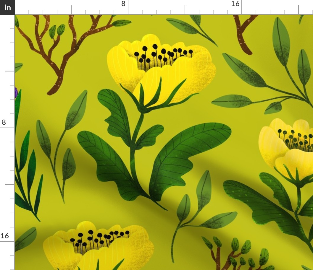 Large // Yellow Poppies and Branches on Chartreuse 