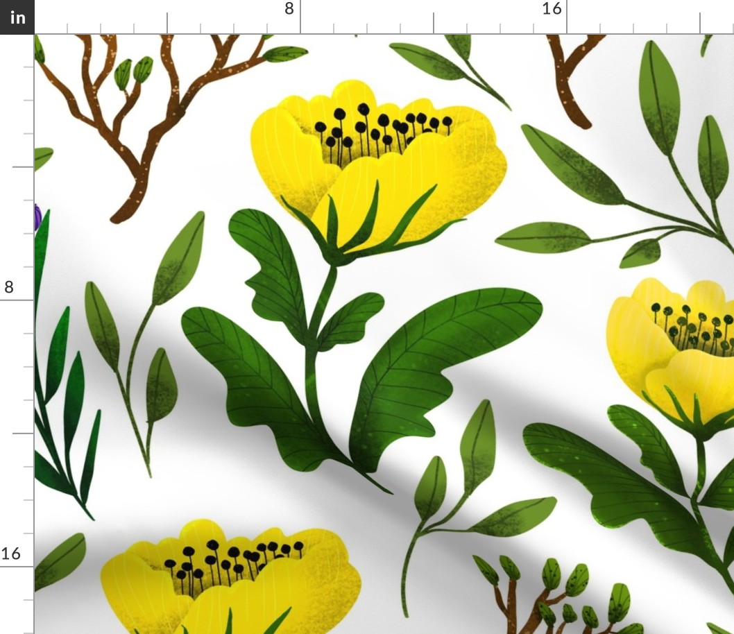Large // Yellow Poppies and Branches on White
