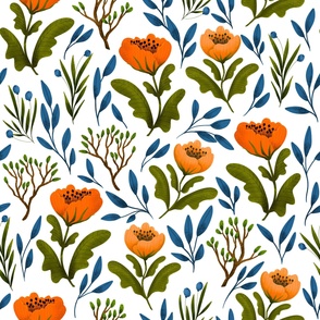 Large // Red and Orange Poppies and Branches on White
