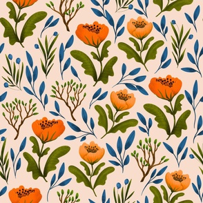 Large // Red and Orange Poppies and Branches on Peachy Pink