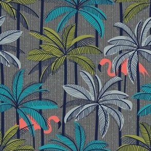 Small scale // Retro vacation mode // zambezi grey background highball green peacock blue and light grey palm trees oxford navy blue line contour coral flamingos