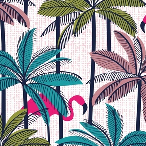 Large jumbo scale // Retro vacation mode // white background highball green peacock blue and dry rose palm trees oxford navy blue line contour fuchsia pink flamingos