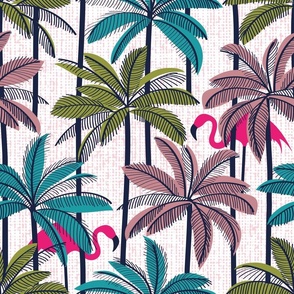 Normal scale // Retro vacation mode // white background highball green peacock blue and dry rose palm trees oxford navy blue line contour fuchsia pink flamingos