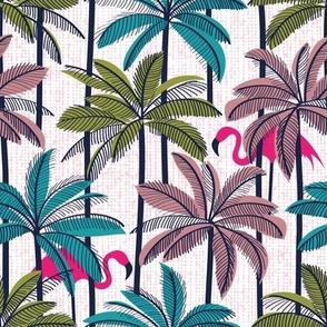 Small scale // Retro vacation mode // white background highball green peacock blue and dry rose palm trees oxford navy blue line contour fuchsia pink flamingos