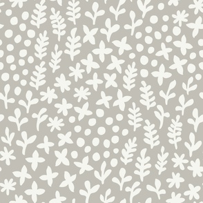 Garden Scattered Doodles | Large Scale | Beige, Tan, cream | Nondirectional botanical