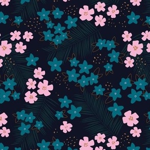 Hawaii garden field of flowers tropical garden with palm leaf background summer texture in pink teal on black deep navy