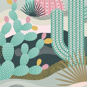 Palm Springs Cacti Garden on Dark Background- Bohemian California Desert- Colorful Cactus- Saguaro- Geometric Cacti White Background Extra Large