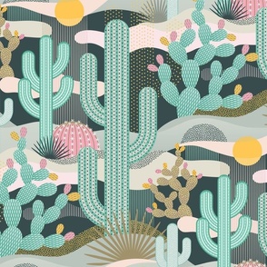 Palm Springs Cacti Garden on Dark Background- Bohemian California Desert- Colorful Cactus- Saguaro- Geometric Cacti White Background Medium