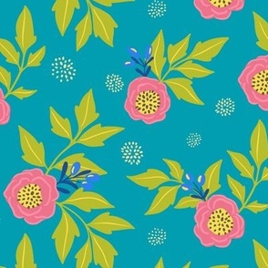 Bubblegum Camellias on Teal