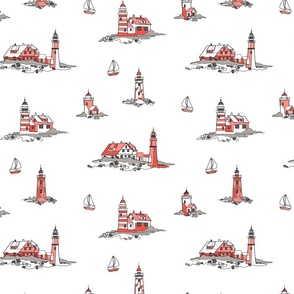 Lighthouse Line Drawings - white black red - medium scale