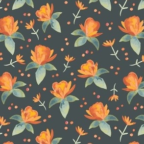388 - Medium scale Orange, yellow and teal green watercolor loose roses, leaves and polka dots, jumbo scale for apparel, bag making, lampshades and soft furnishings