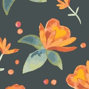 388 $ - Large jumbo scale Orange, yellow and teal green watercolor loose roses, leaves and polka dots, for apparel, bag making, lampshades and soft furnishings