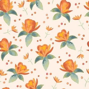Orange, yellow and teal green watercolor loose roses, leaves and polka dots on a bed of cream, small scale for apparel, bag making, lampshades and soft furnishings