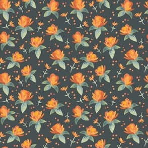 388 - Orange, yellow and teal green watercolor loose roses, leaves and polka dots, small scale for apparel, bag making, lampshades and soft furnishings