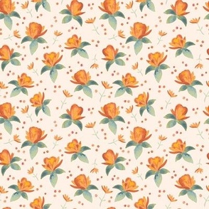 388 - Orange, yellow and teal green watercolor loose roses, leaves and polka dots on a bed of cream, small scale for apparel, bag making, lampshades and soft furnishings