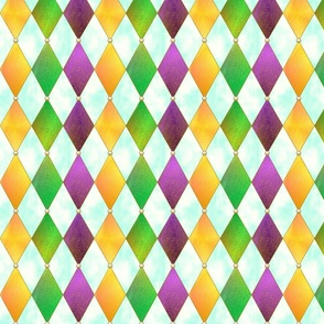 Mardi Gras Harlequin Argyle -- Mardi Gras Gold, Purple, Green Diamonds over White and Cloudy Blue -- 600dpi (25% of Full Scale) -- 10.5in x 12.54in repeat
