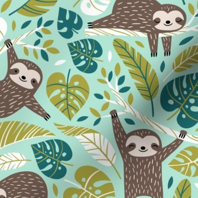 Medium Scale / Lazy Sloths / Mint Background                     
