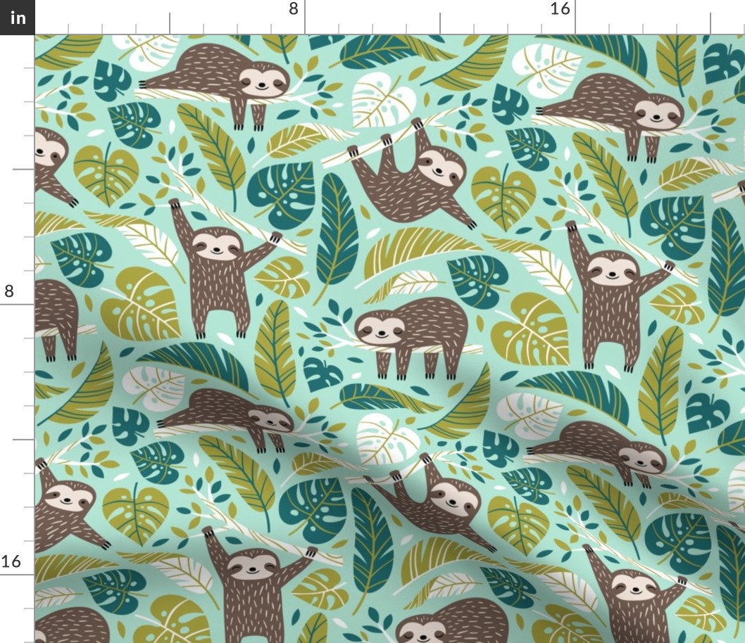 Medium Scale / Lazy Sloths / Mint Background                     