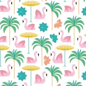 Small - Mid century pool party: flamingo float, palm trees and sun umbrella