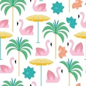 Mid century pool party: flamingo float, palm trees and sun umbrella