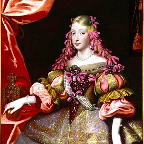 orange pink fuchsia long hair pigtails pearl earrings necklace gold embroidery baroque queen princess royal portraits gowns dress  crowns twin tails sash coronation puff sleeves many bows black diamond brooch pins clip off shoulder curtains castle palace 