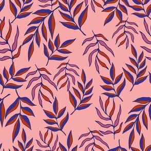 Blue simple leaves on pink background seamless pattern