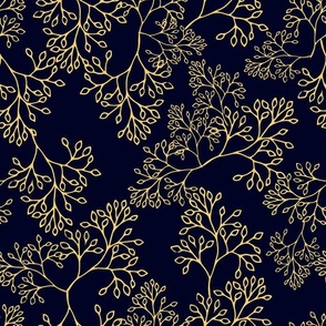 Seamless pattern with yellow herbal twigs on deep blue background