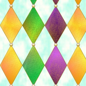 Mardi Gras Harlequin Argyle -- Mardi Gras Gold, Purple, Green Diamonds over White and Cloudy Blue -- 225dpi (67% of Full Scale) -- 14in x 16.71in repeat 