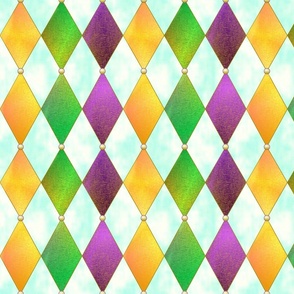 Mardi Gras Harlequin Argyle -- Mardi Gras Gold, Purple, Green Diamonds over White and Cloudy Blue -- 418dpi (36% of Full Scale) -- 7.54in x 9in repeat 