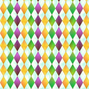 Mardi Gras Harlequin Argyle -- Mardi Gras Gold, Purple, Green Diamonds over White and Cloudy Blue -- 751dpi (20% of Full Scale) -- 4.2in x 5.01in repeat