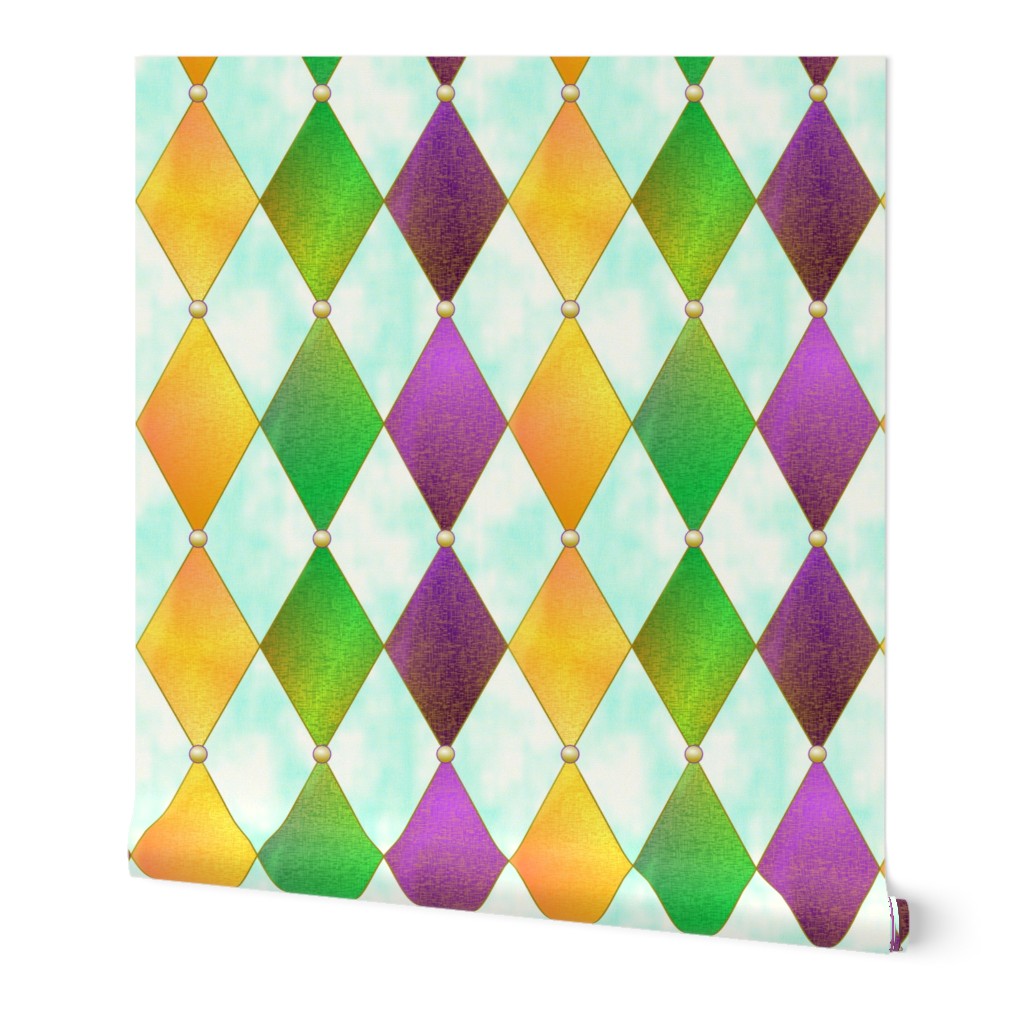 Mardi Gras Harlequin Argyle -- Mardi Gras Gold, Purple, Green Diamonds over White and Cloudy Blue -- 150dpi (Full Scale) -- 21.05in x 25.13in repeat  