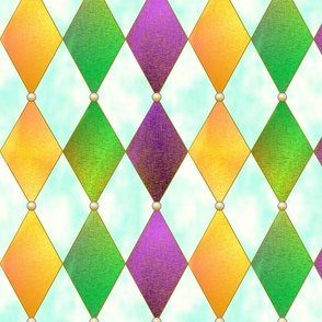 Mardi Gras Harlequin Argyle -- Mardi Gras Gold, Purple, Green Diamonds over White and Cloudy Blue -- 300dpi (50% of Full Scale) -- 10.5in x 12.54in repeat