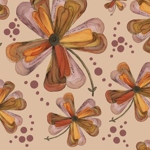 (L) Painterly Orange Yellow Flowers and Clusters of Dots on Desert Sand