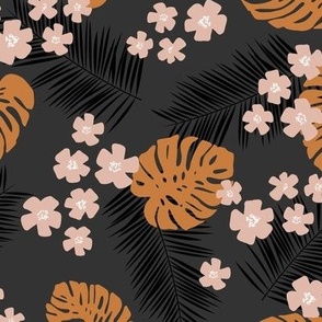 Monstera leaves and palm petals with tropical flowers hawaii island vibes boho design garden spice rust blush on charcoal 