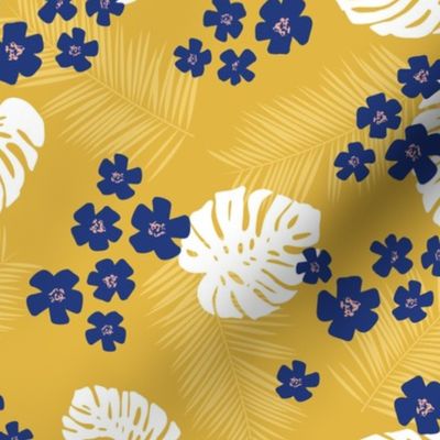 Monstera leaves and palm petals with tropical flowers hawaii island vibes boho design garden white navy blue on ochre yellow 
